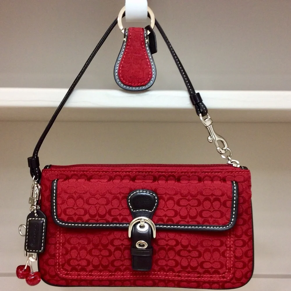 ✨ Coach Vintage Y2K Wristlet Red Brown Leather Trim Pouch Authentic Key Fob Set